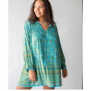 Natural Life Dara Dress Size XL V-Neck Boho Floral Long Sleeve Mini Teal Tassels